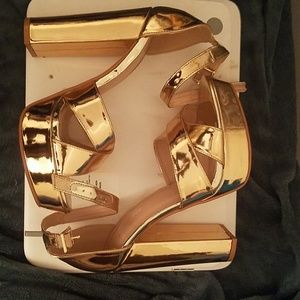Heels, rose gold, gold, strappy, platforms, chunky